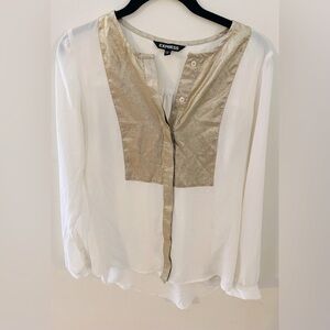 Express Button Down Long Sleeve White and Gold Blouse Size Small